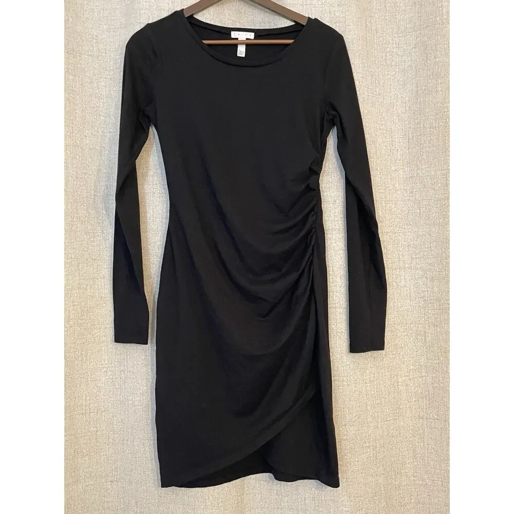 Leith Ruched Bodycon Dress Black Long Sleeve Knee Length Size Medium - Picture 3 of 5